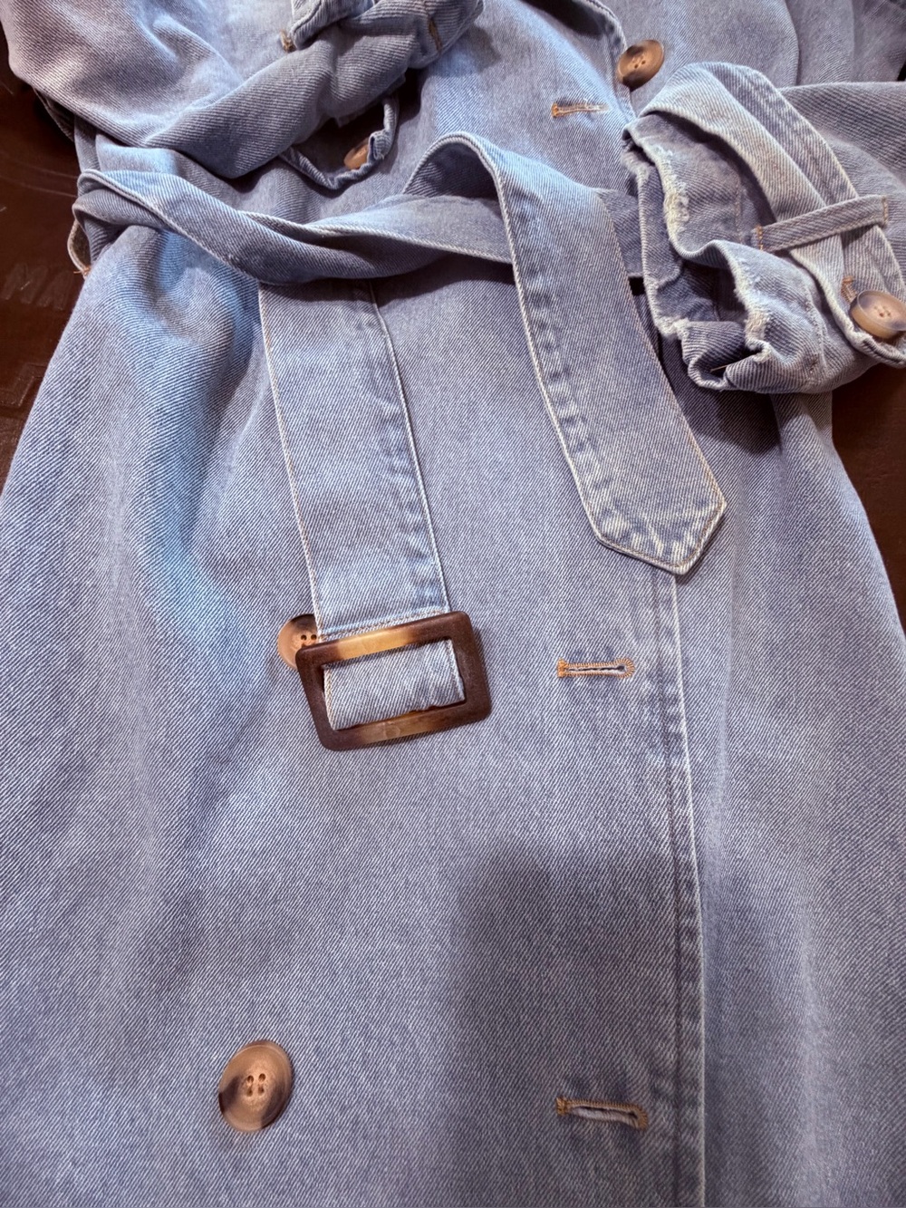 Light Blue Denim Trench Coat with Self-Tie Belt - Picture 2 of 3